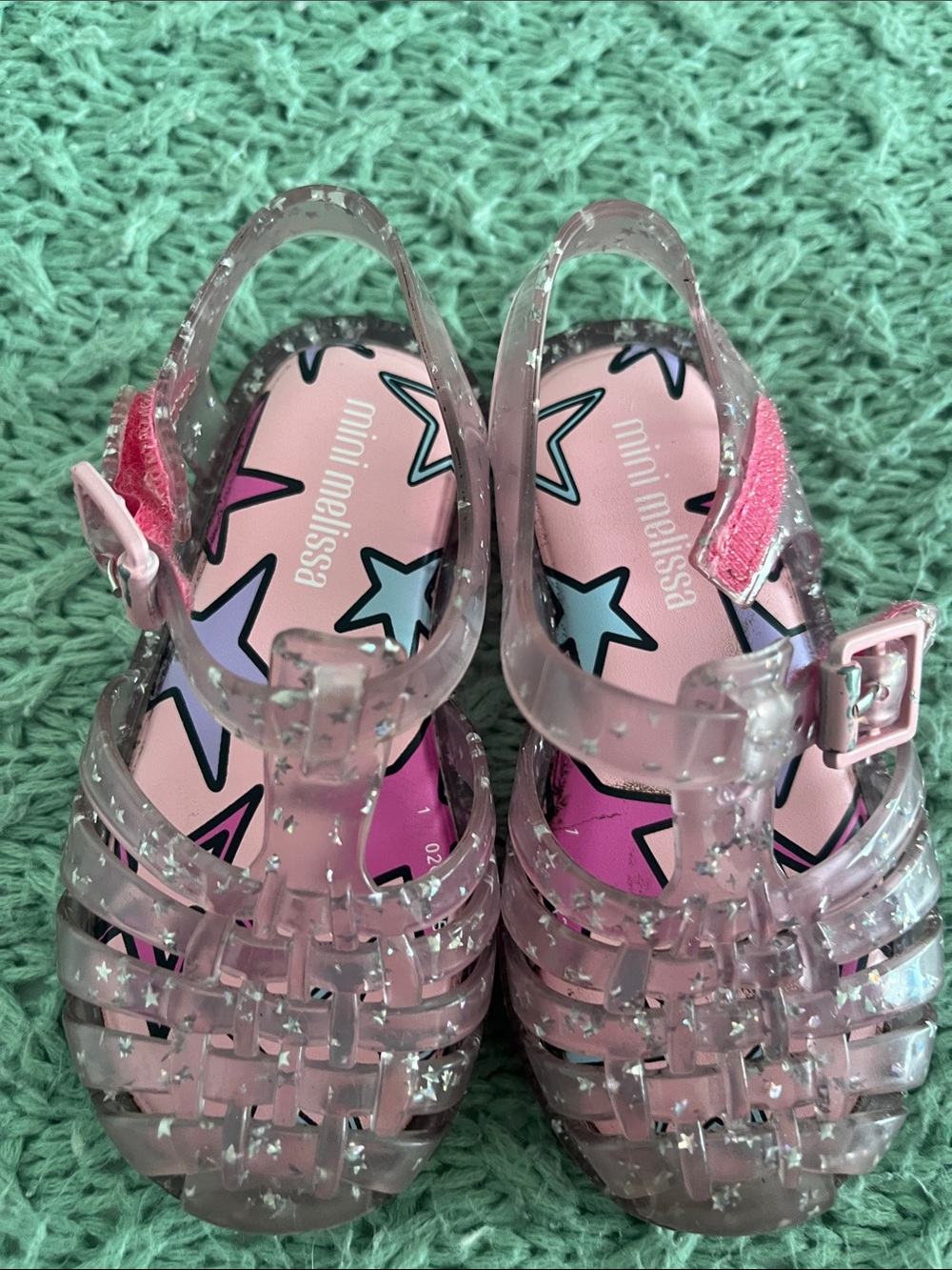 Mini Melissa Clear Glitter Jelly Sandals with Pink Star Insole